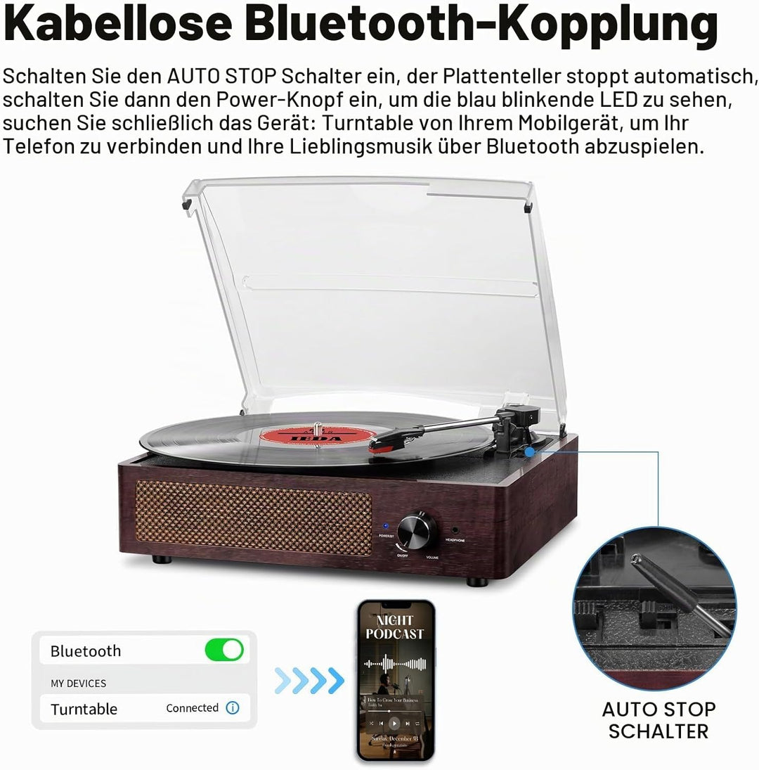 Vinyl Plattenspieler, Bluetooth tragbaren Vinyl Plattenspieler Schallplattenspieler mit 3-Gang 33/45