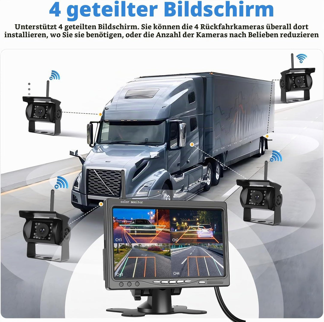 1080P Kabelloses Rückfahrkamerasystem für Wohnmobile, 7-Zoll-Rückfahrkameramonitor für 4 Kanäle mit