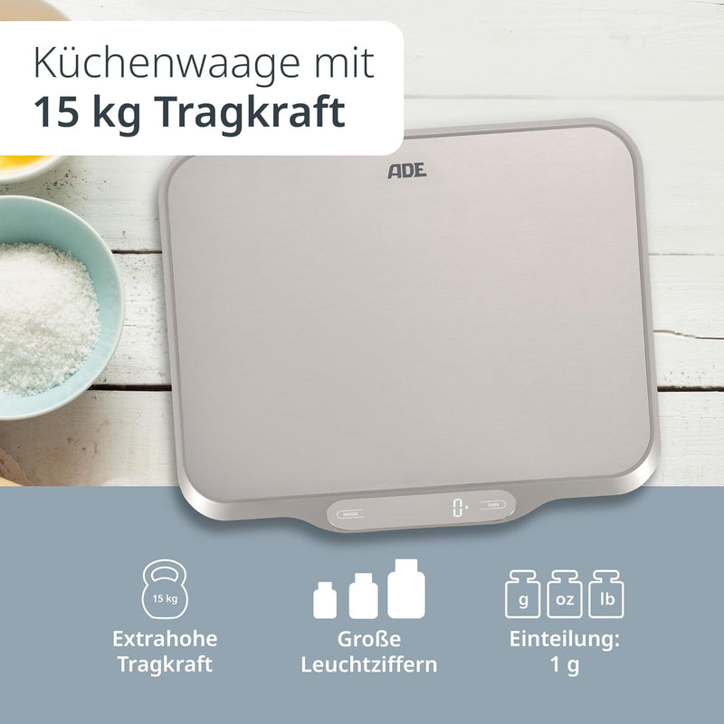 ADE Extra grosse Küchenwaage digital bis 15 kg | Wiegefläche 26x31 cm | Paketwaage