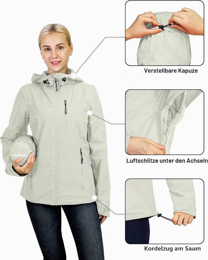 Outdoor Ventures Damen Regenjacke 10000MM Wasserdicht Leichte Gefüttert Packbar Sportjacke Funktions