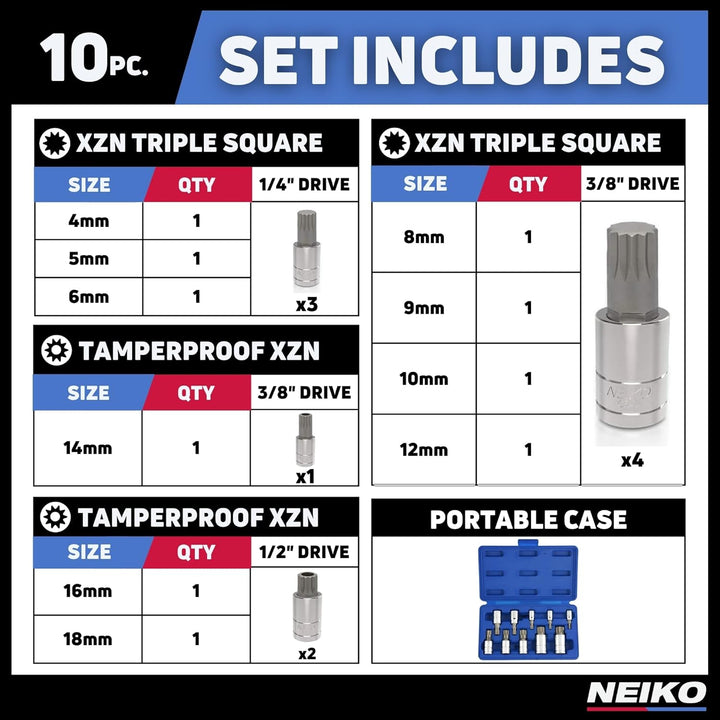 Neiko® 10056 A XZN dreifache quadratisch Bit Stecknuss Vielzahn Set, S2-Stahl | 10-teilig