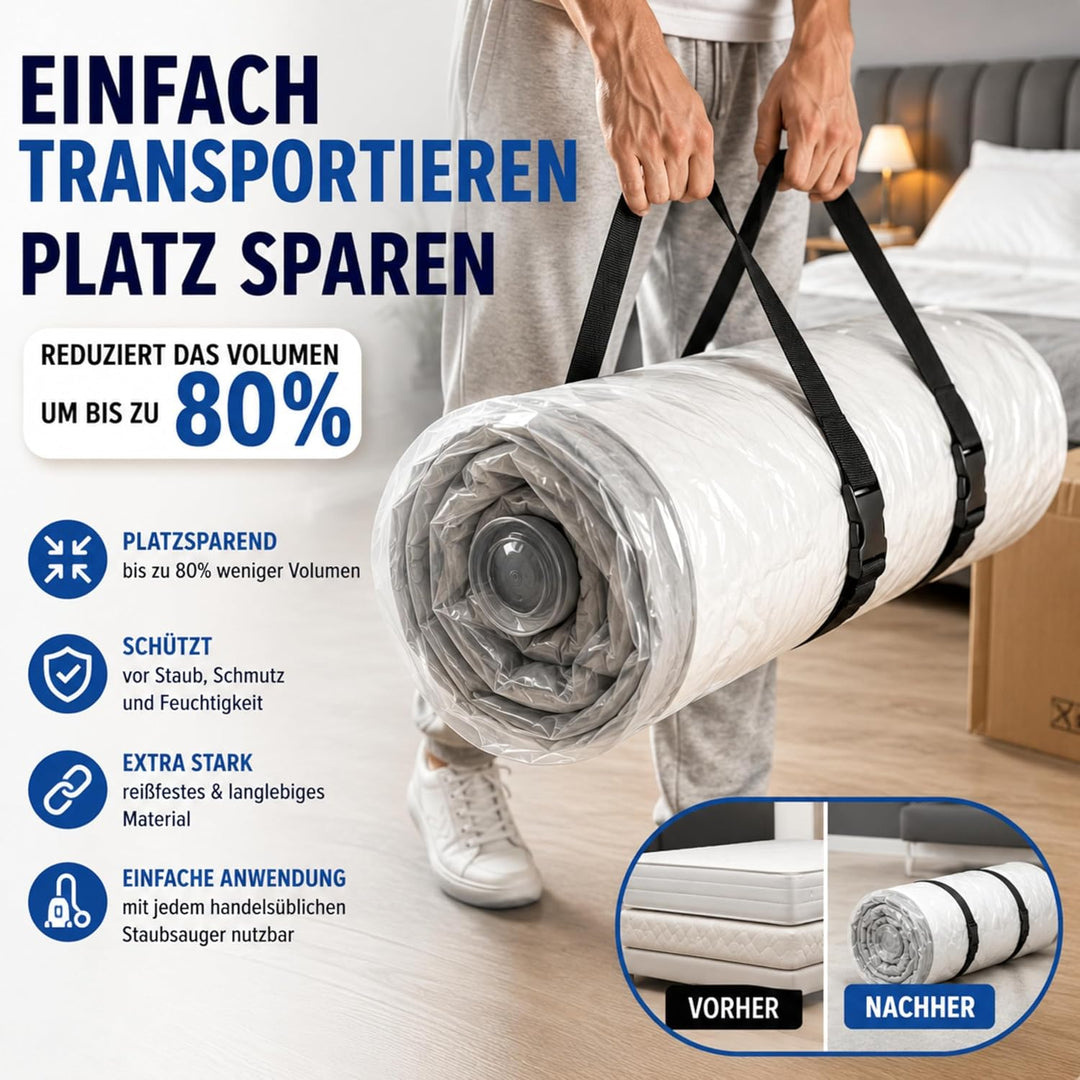 Matratzen Vakuumbeutel 220x240 cm für Einzelmatratzen bis 230x210 cm mit Kompressionsgurten & Ventil