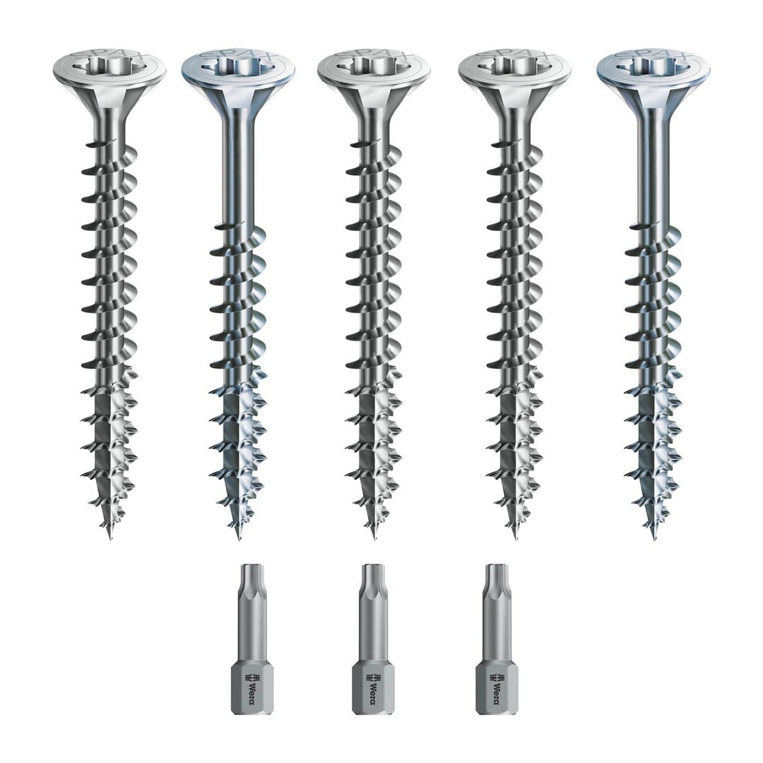 Spax Holzschrauben-SET Voll/Teilgewinde + Torx Bit | 5 Grössen: 3x30; 4x40; 4,5x45; 5x80; 6x100 | WI