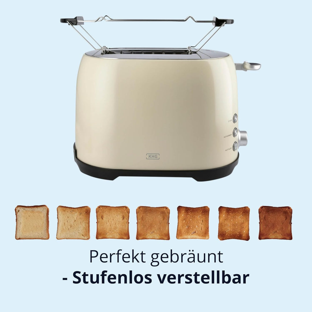 KHG Retro Frühstücksset | Toaster 2 Scheiben mit Brötchenaufsatz, 7 Bräunungsstufen 800W | Wasserkoc