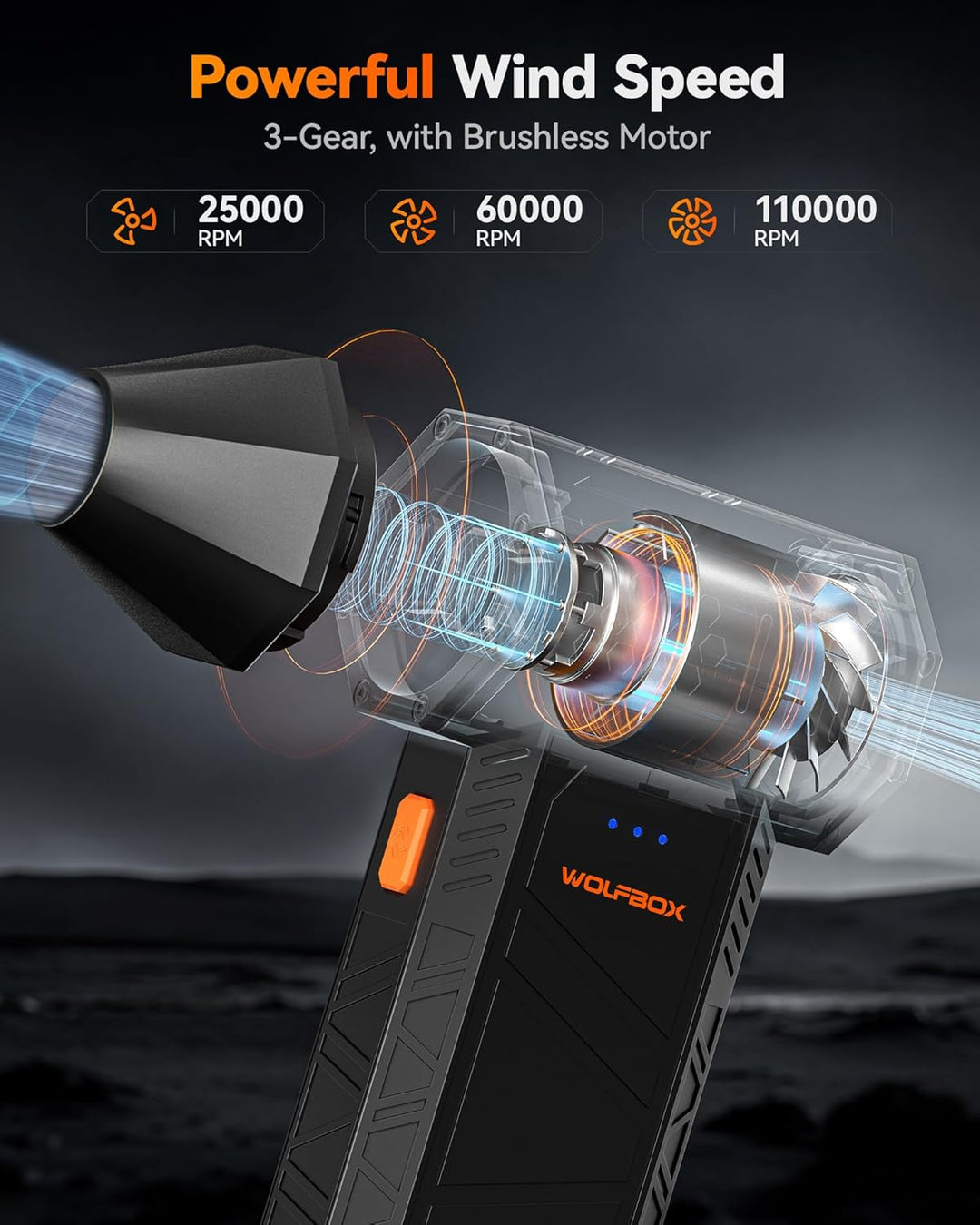 WOLFBOX MF50 Electric Air Duster-110000RPM Super Power Cordless Air Duster, 3-Gang einstellbare Mini