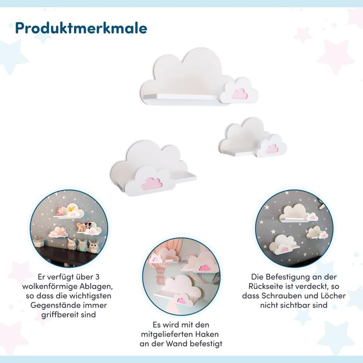 3er Set Wandregal Kinderzimmer Weiss | Babyzimmer Wolkenregal für Bücher, Spielzeug, Dekoration | Re