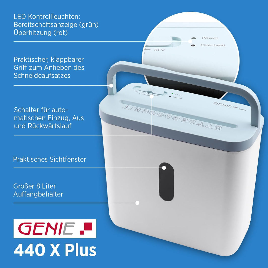 GENIE 440 X Aktenvernichter | Partikelschnitt 4x38 mm | Sicherheitsstufe P-4 | Leise 72 dB | Kompakt