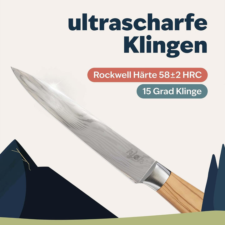 kjøk Premium Messerset Härte 58±2 HRC Asia Küchenmesser Set 3-tlg hochwertig mit Damastmesser-Muster