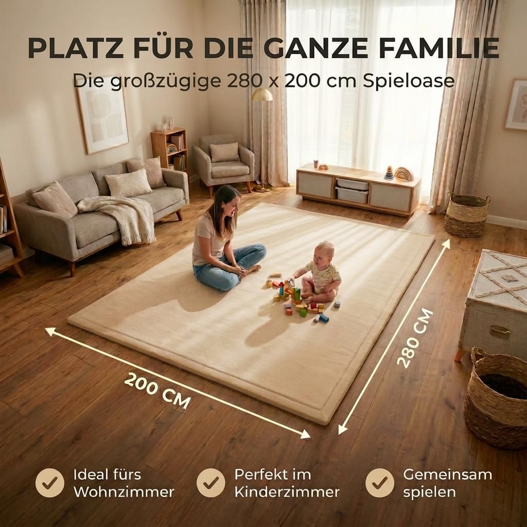 BabybeFun Krabbelmatte Baby - kuschelig weich - 3cm Dicke Spielmatte - schützt vor Stössen - Teppich