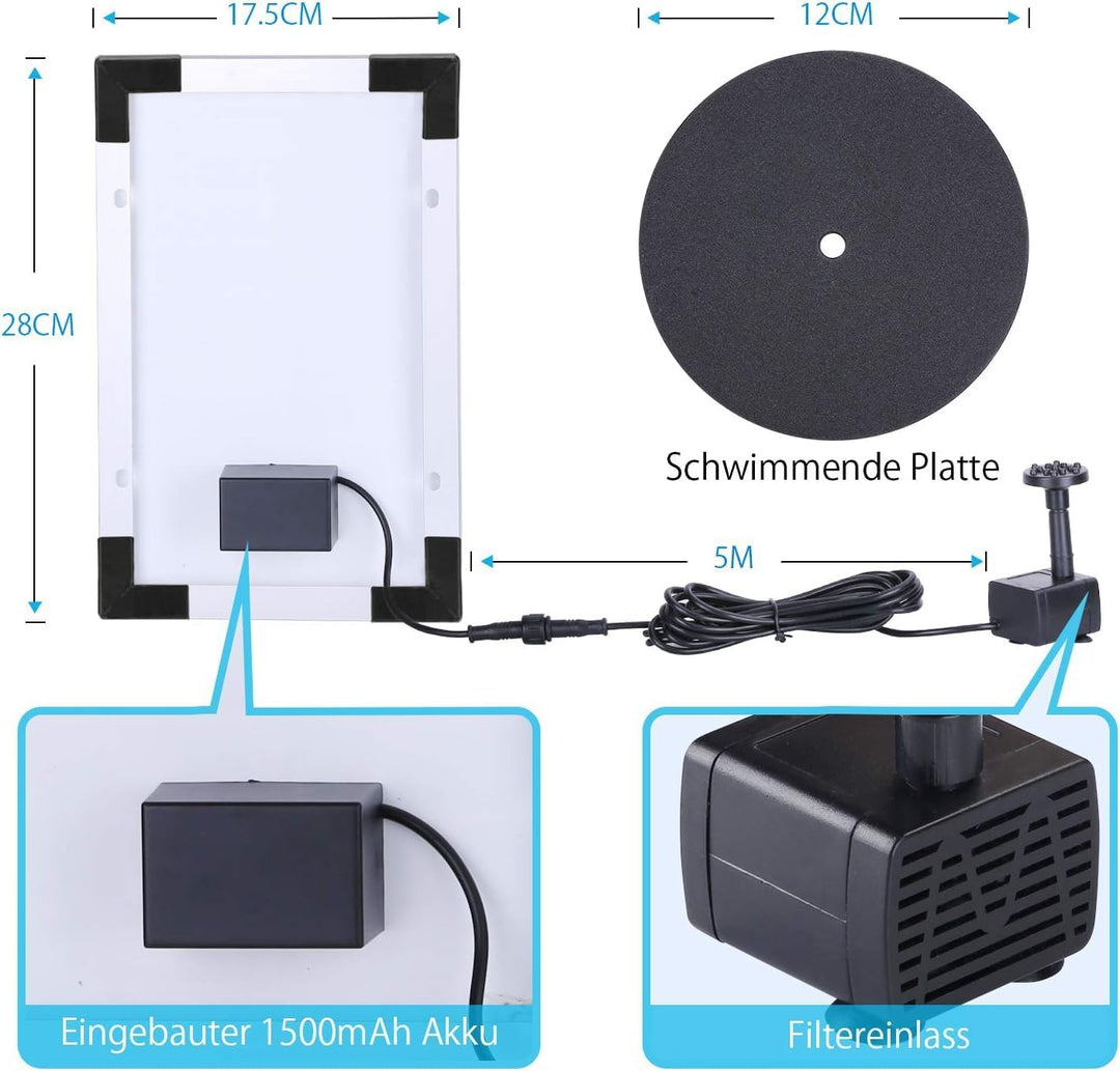 AISITIN Solar Springbrunnen 5.5W Eingebaute 1500mAh Batterie Solar Teichpumpe Wasserpumpe Solar Schw