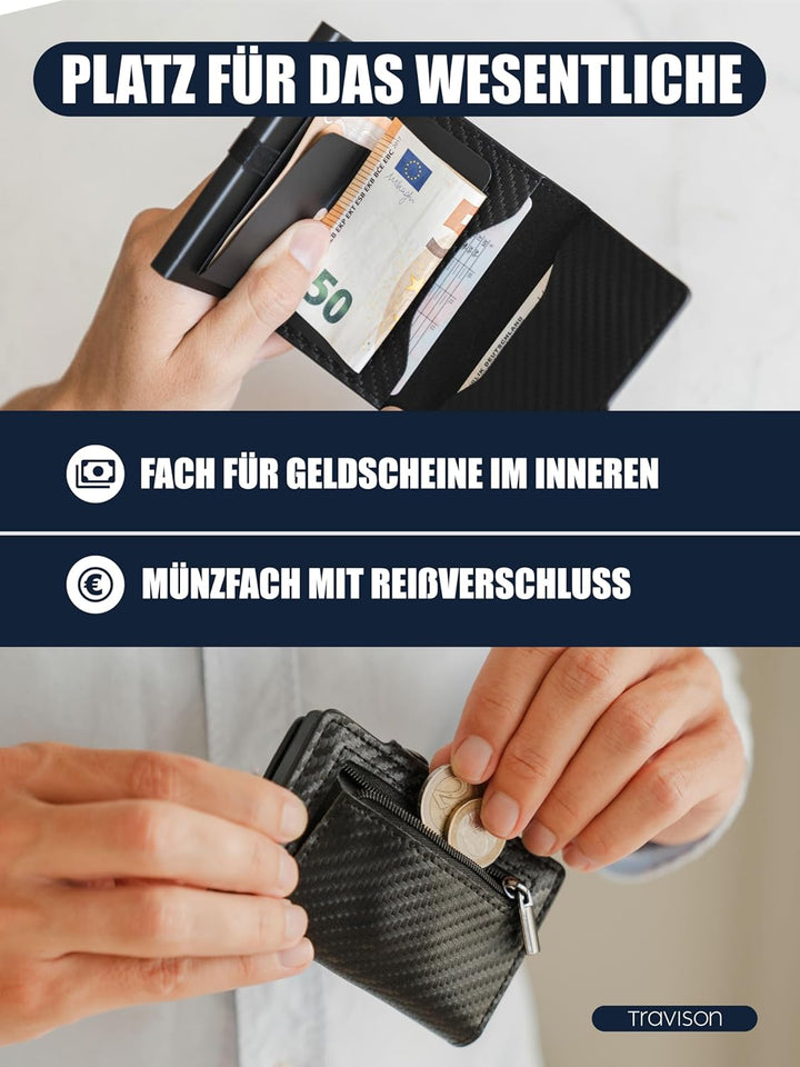 Travison® SMART Wallet mit Münzfach und Geldscheinfach - Kartenetui mit Münzfach und Schnellzugriff