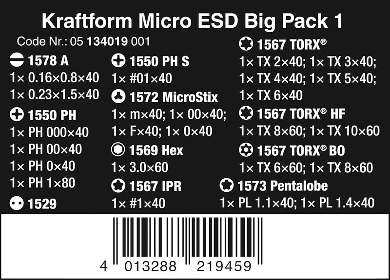 Wera 05134019001 Kraftform Micro ESD Big Pack 1, 25-teilig & 05022210001 950/9 Hex-Plus Multicolour