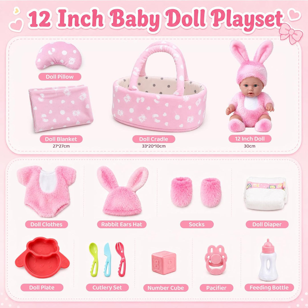 vamei 30 cm Baby Puppe Set mit Puppenzubehör, Geschenk Mädchen ab 3 Jahre