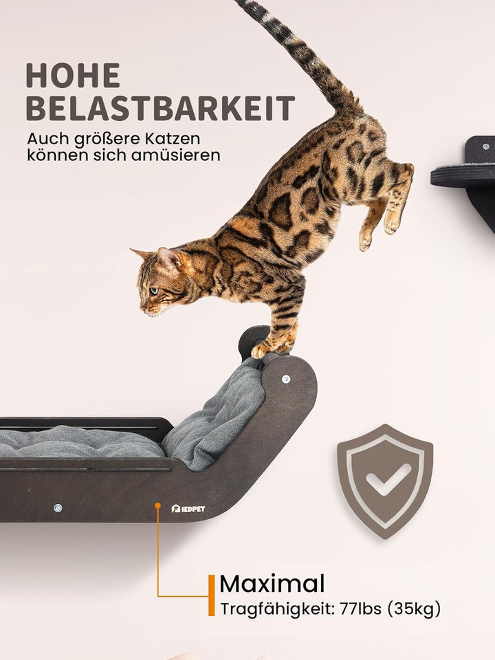 Kletterwand Katzen Set mit Katzenbett und 3 Stufen, Katzenmöbel aus Holz Katzentreppe, Katzen Wandel