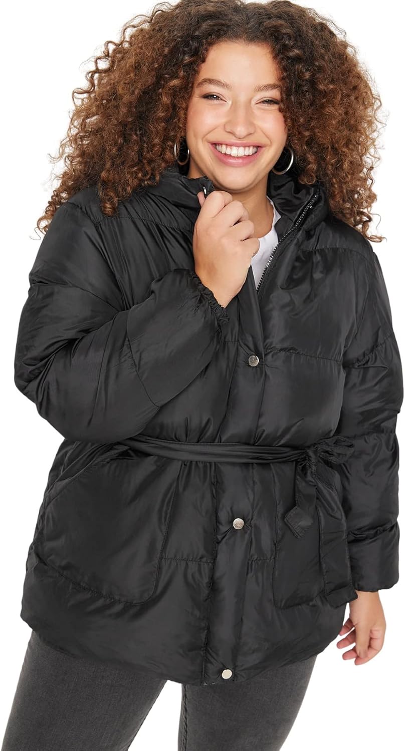 TRENDYOL Damen Slim Puffer Plain Webstoff Grössen in Winterjacke Coat 42 Grosse Grössen Schwarz, 42