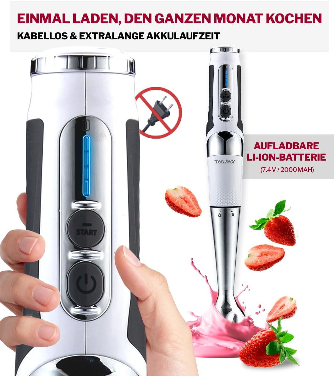 Turmix Stabmixer Kabellos Edelstahl CX 422 - Kabelloses Stabmixer Set mit Mixbecher, Multizerkleiner