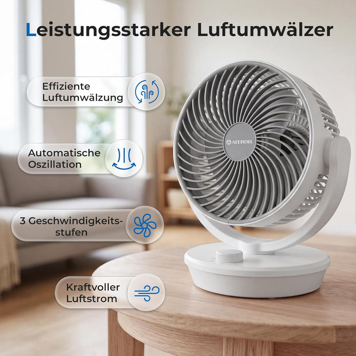 Aeroll Ventilator Leise, Tischventilator, 3D Turbo-Luftzirkulator mit 3 Geschwindigkeitsstufen, 130°