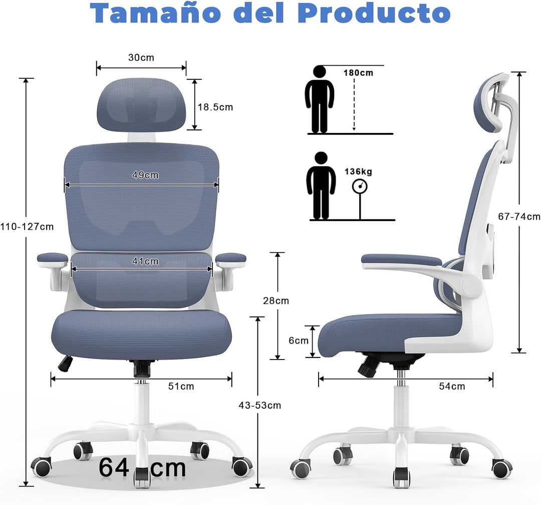 naspaluro Bürostuhl Ergonomischer, Schreibtischstuhl mit Hochklappbaren Armlehnen, Dynamischer Lordo