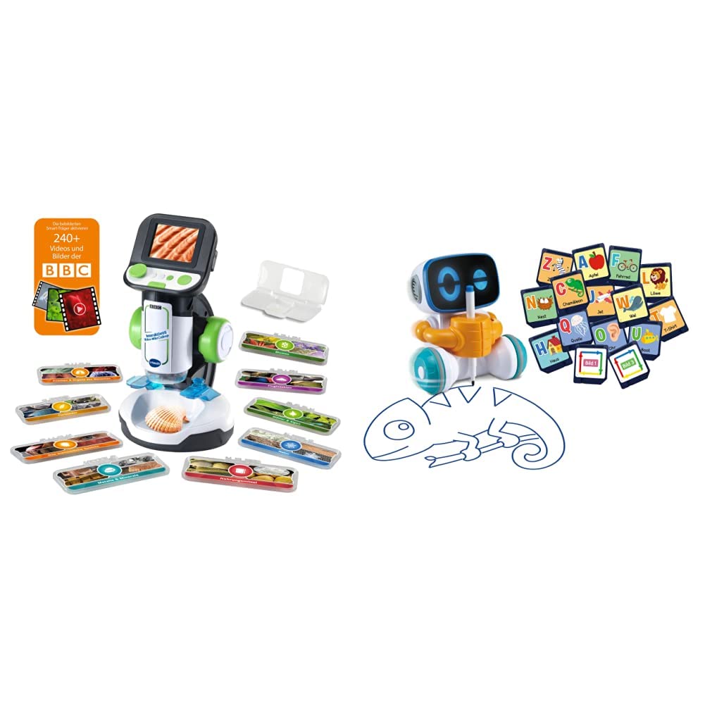 VTech Interaktives Video-Mikroskop – Bildschirm, smarte Objektträger & Codi, der clevere Mal-Roboter