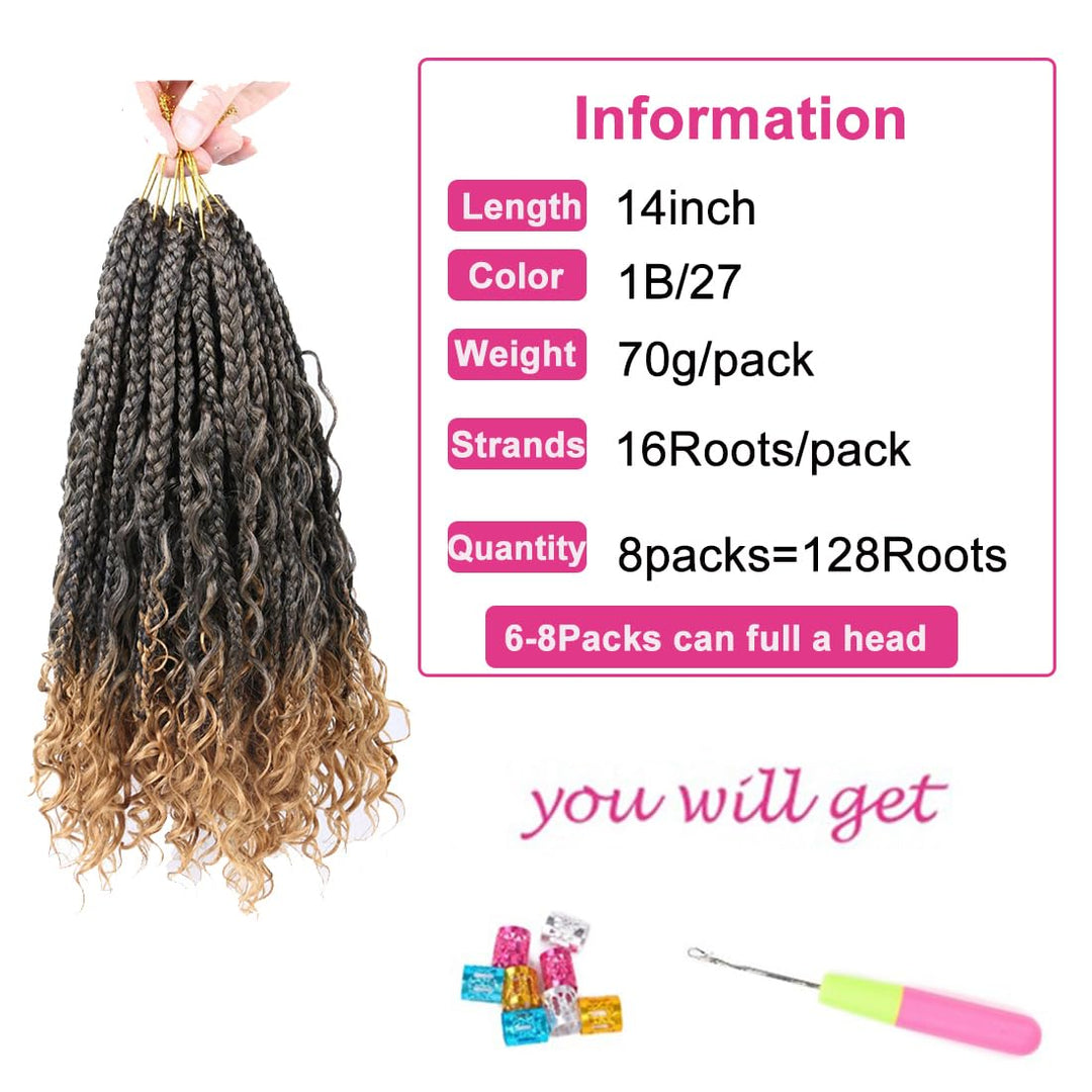 Crochet Box Braids Curly Hair Extensions 14Zoll Goddess Bohemian Hippie Synthetic Curly Ends (1B/27)