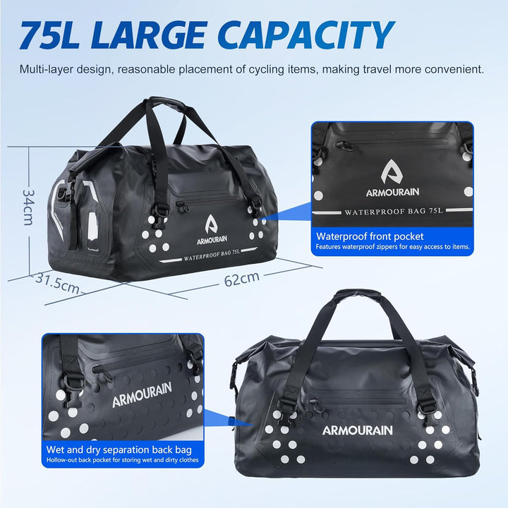 Motorrad-Trockentasche 75 L Grosse wasserdichte Reisetasche, Faltbare Reisetasche, Kofferraum-Sitzta