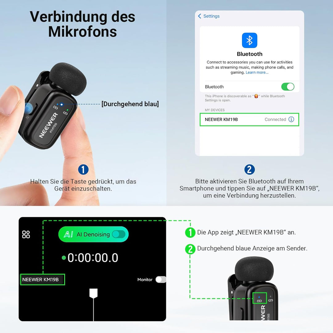 NEEWER Kabelloses Lavalier Mikrofon Sender mit App Steuerung, 10 Std. Akkulaufzeit, Rauschunterdrück