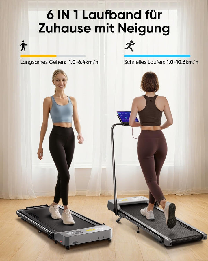 6 in 1 laufband für zuhause klappbar,Walking Pad mit Steigung 10% in 3 Stufen und Griff, Treadmill f