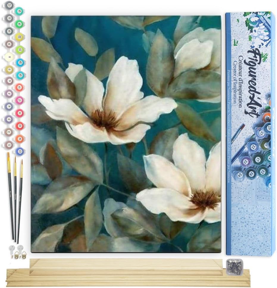 Figured'Art Malen Nach Zahlen Erwachsene Mit Rahmen Dunkelweisse Blumen - Paint by Numbers Basteln D