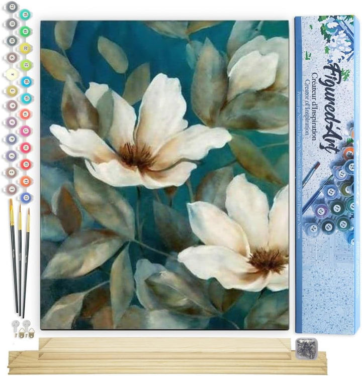 Figured'Art Malen Nach Zahlen Erwachsene Mit Rahmen Dunkelweisse Blumen - Paint by Numbers Basteln D