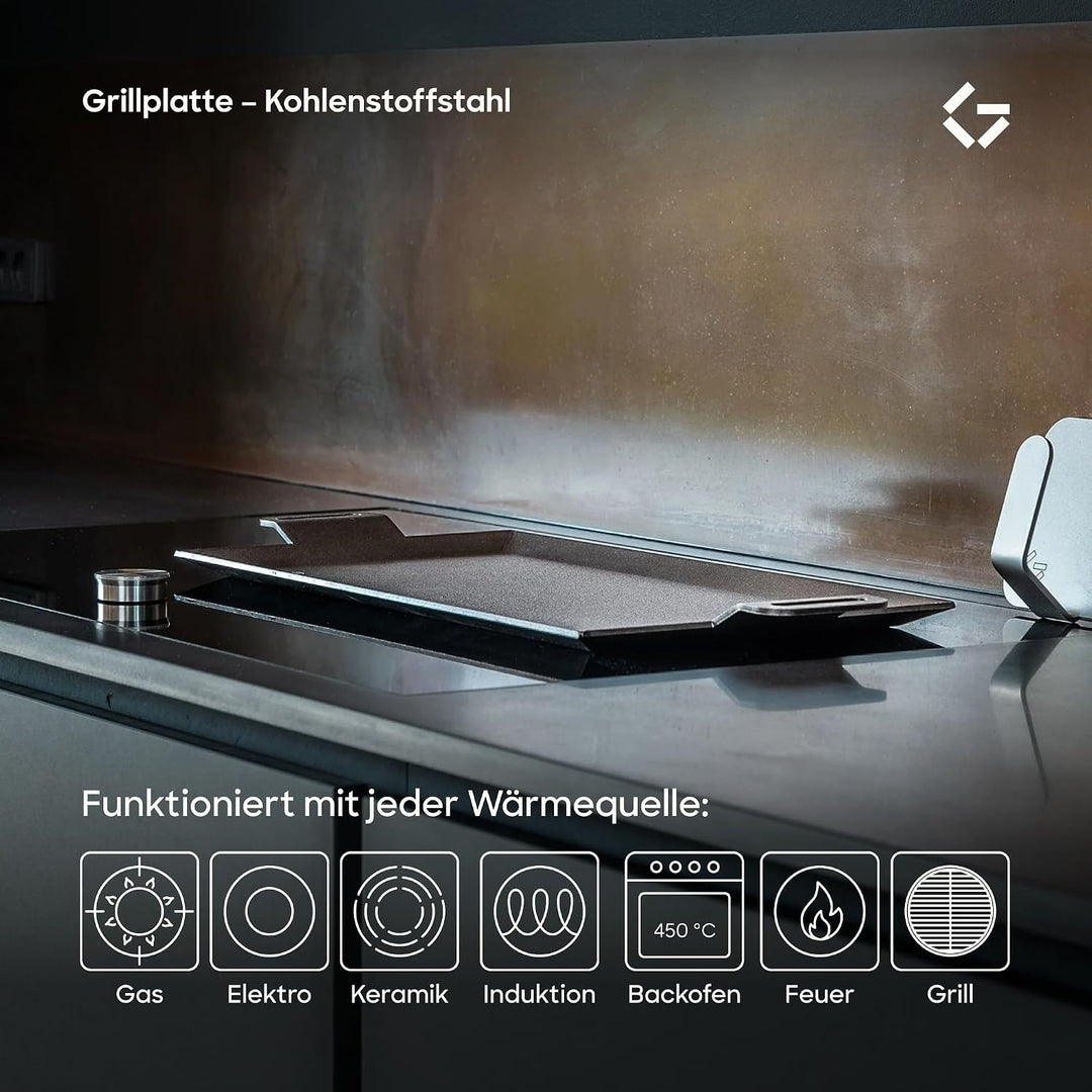 Gastrotools Grillplatte Induktion 62x27 cm – Profi Carbonstahl Teppanyaki/Plancha Grillplatte für In