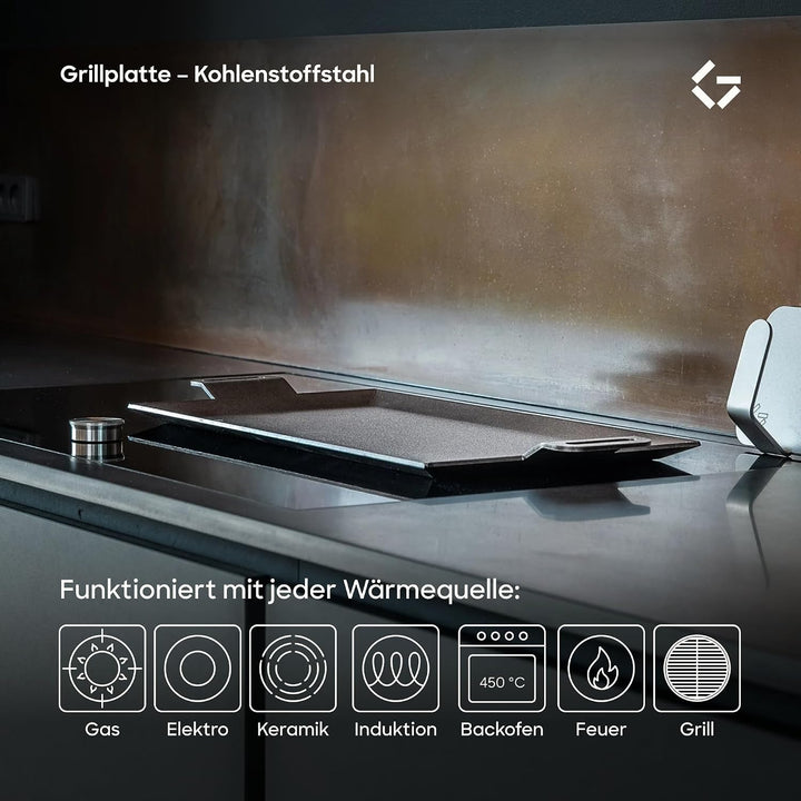 Gastrotools Grillplatte Induktion 62x27 cm – Profi Carbonstahl Teppanyaki/Plancha Grillplatte für In