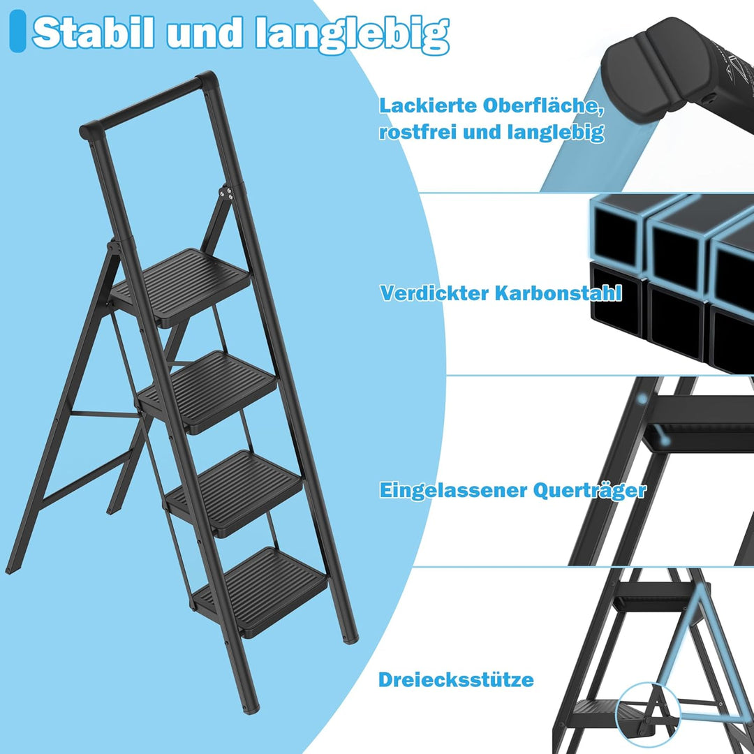 XMTECH Trittleiter 4 Stufen Klappbar, Leiter Klapp-Step-Hocker mit breitem Anti-Rutsch-Pedal, Tragba