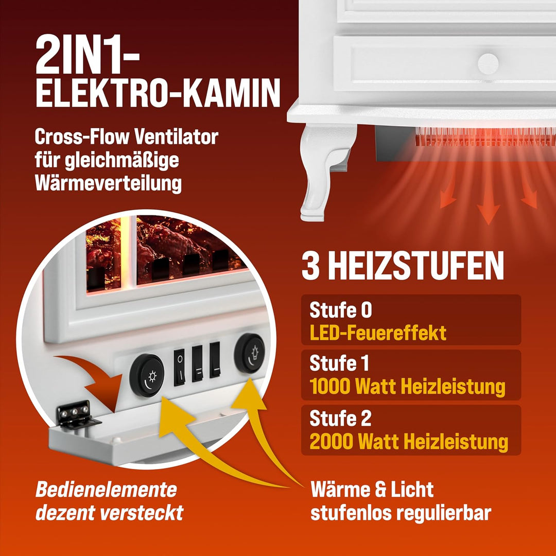 Elektrokamin Elektrischer Kamin mit Heizung LED Kaminfeuer Effekt Heizer Ofen 2000W 60 x 28 x 50cm w