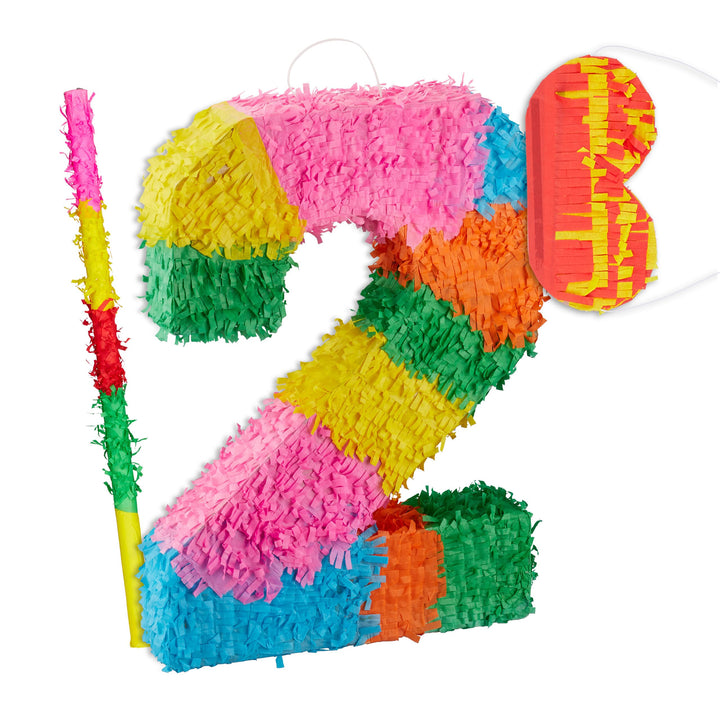 Relaxdays 3 TLG. Pinata Set Geburtstag, Zahl 2, Pinatastab mit Augenmaske, Kinder & Erwachsene, Piña