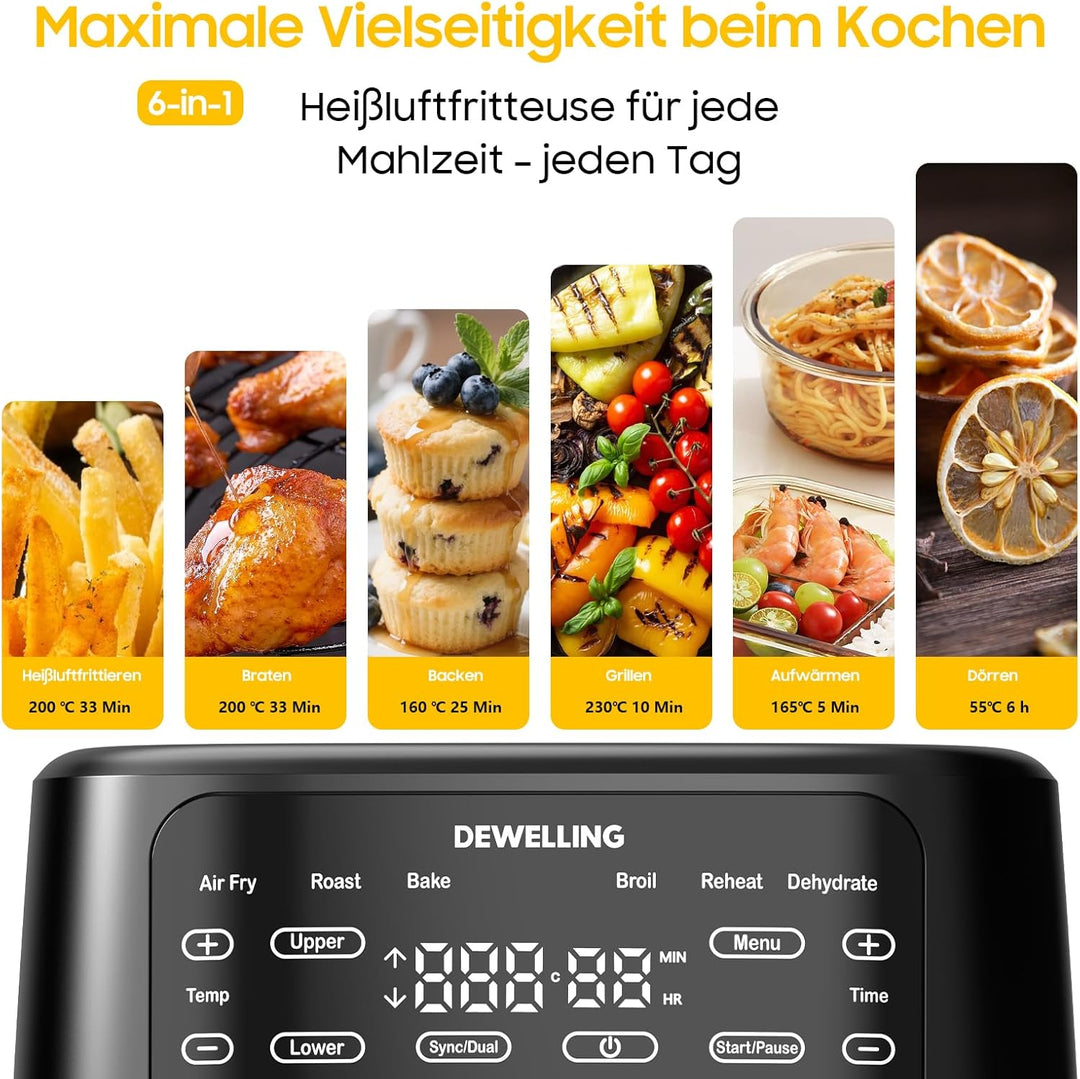 Vertikale Airfryer 10L XXL - 2700W Heissluftfritteuse 2 Kammern, Heissluftfritteuse mit 6 Programme,