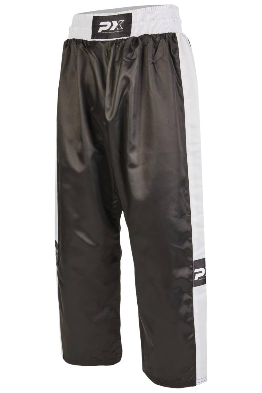 Kickboxhose PX Topfight - schwarz-weiss mit Gummibund - Kickboxing Kampfsport Hose lang - Grösse 120