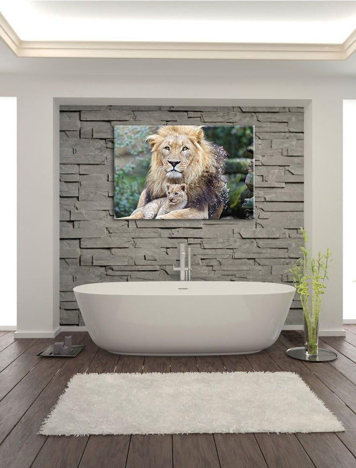 Pixxprint Löwe kuschelt mit Jungtier auf Leinwand, XXL riesige Bilder fertig gerahmt mit Keilrahmen,