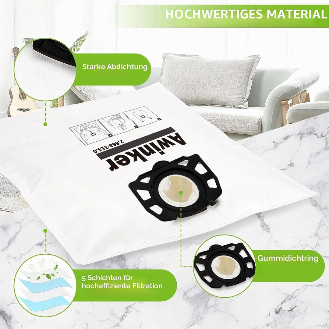 10 Stück KFI 357 Staubsaugerbeutel für Kärcher WD2 WD3 KWD1 KWD2 KWD3 WD3.200 - WD3.800 M/SE4001/SE4