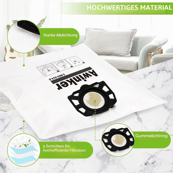 10 Stück KFI 357 Staubsaugerbeutel für Kärcher WD2 WD3 KWD1 KWD2 KWD3 WD3.200 - WD3.800 M/SE4001/SE4
