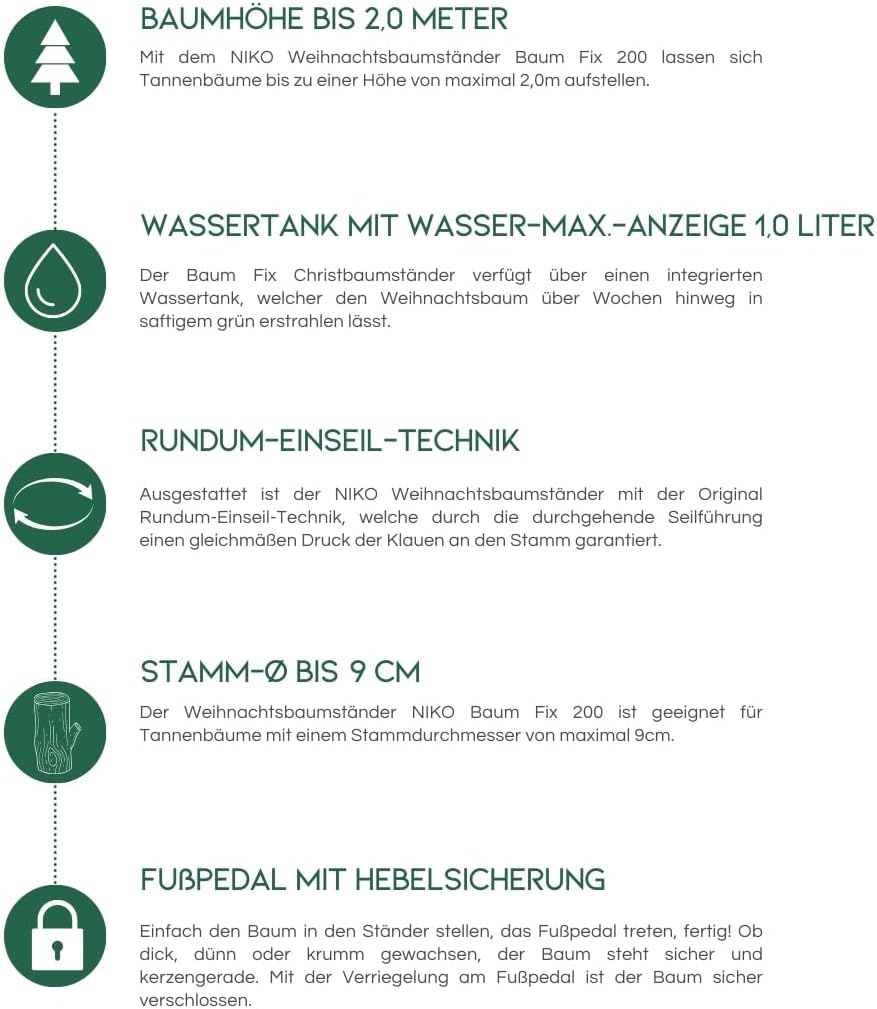 NIKO Baum Fix 200 Christbaumständer bis 2,0 m Baumhöhe Weihnachtsbaumständer mit 1,0 Liter Wassertan