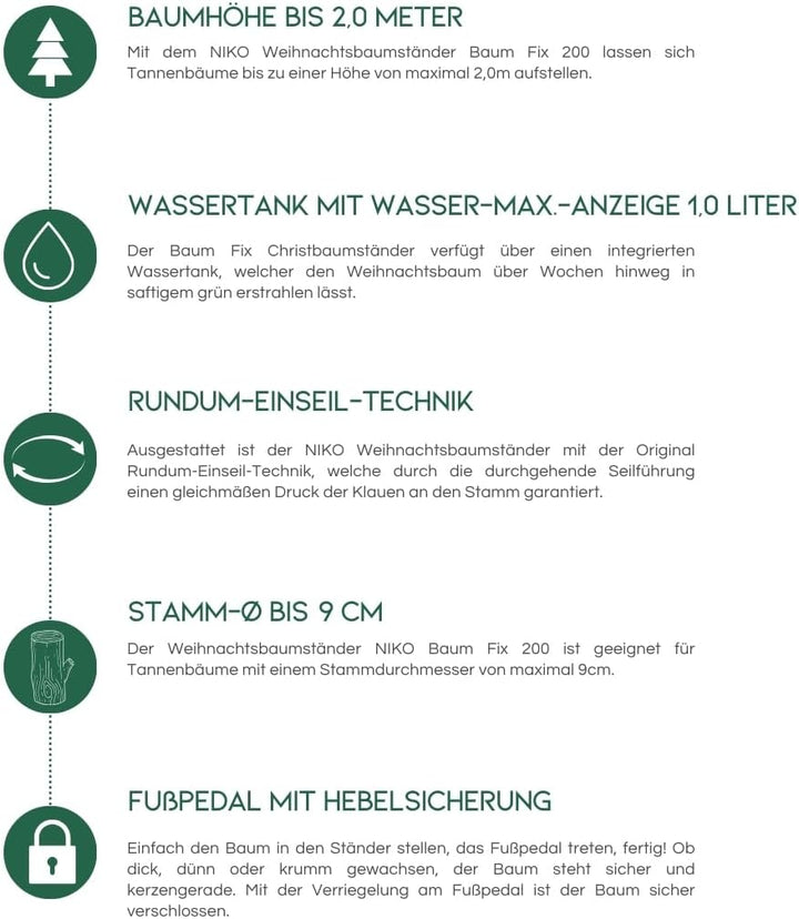 NIKO Baum Fix 200 Christbaumständer bis 2,0 m Baumhöhe Weihnachtsbaumständer mit 1,0 Liter Wassertan