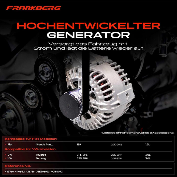 Frankberg Lichtmaschine Generator Kompatibel mit Grande Punto 199 1.2L 2010-2012 T.o.u.a.r.e.g 7P5 7