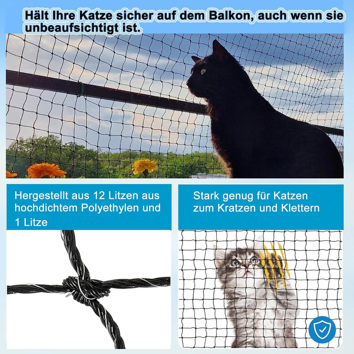 Aystkniet katzennetz für Balkon, 6 x 3 m Katzennetz Drahtverstärkt Schwarz mit 20M Befestigungsseil