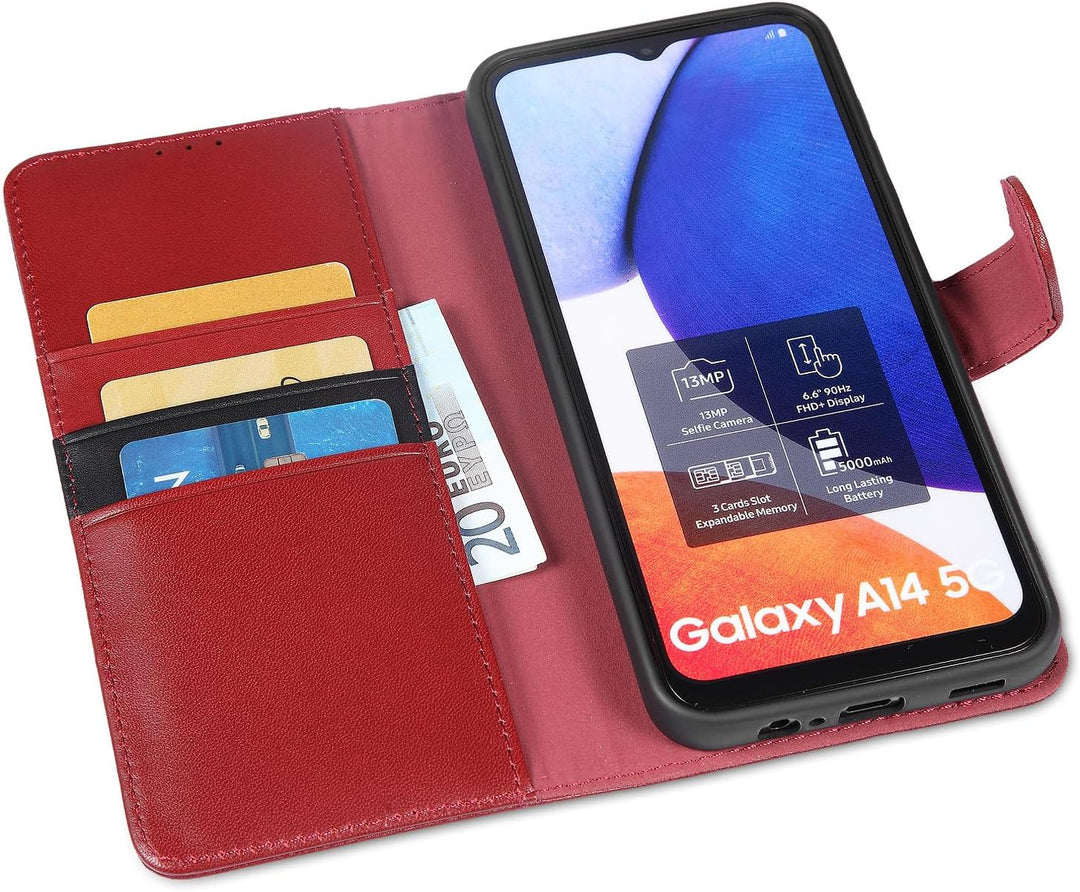 LENSUN Hülle Echtleder für Samsung Galaxy A14, Handyhülle [Echtes Leder][Magnetverschluss][RFID Bloc