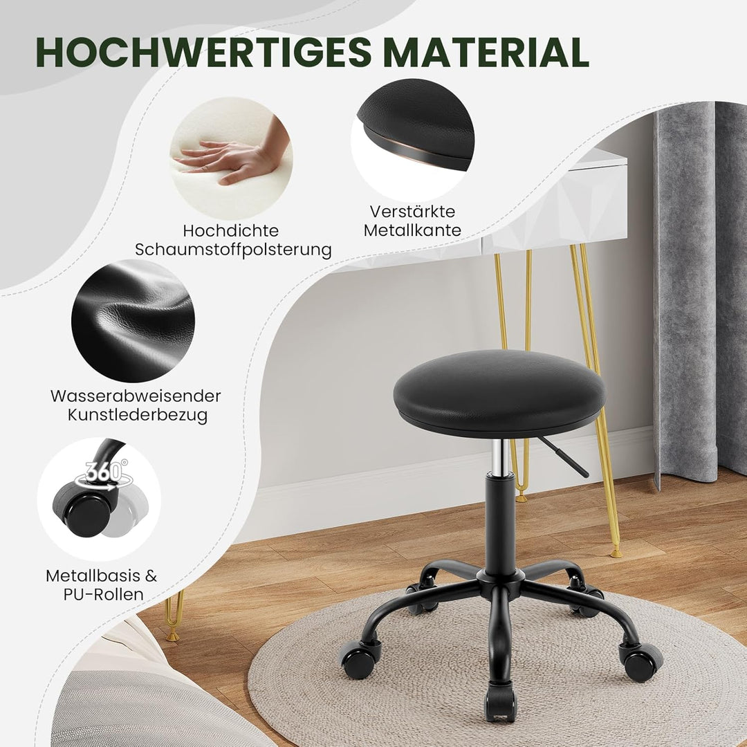 EUGAD Rollhocker höhenverstellbar, Drehhocker mit Rollen, runder Hocker 360° drehbar, Bürohocker für