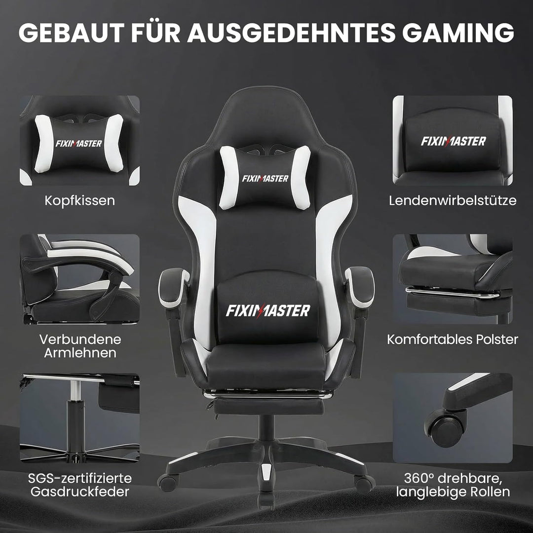 Bürostuhl Ergonomisch mit Fussstütze, Schreibtischstuhl, Racing-Design, Lenden- und Kopfstütze, PU-K