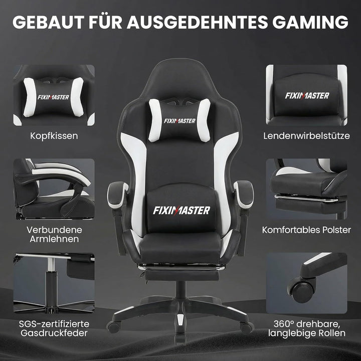 Bürostuhl Ergonomisch mit Fussstütze, Schreibtischstuhl, Racing-Design, Lenden- und Kopfstütze, PU-K