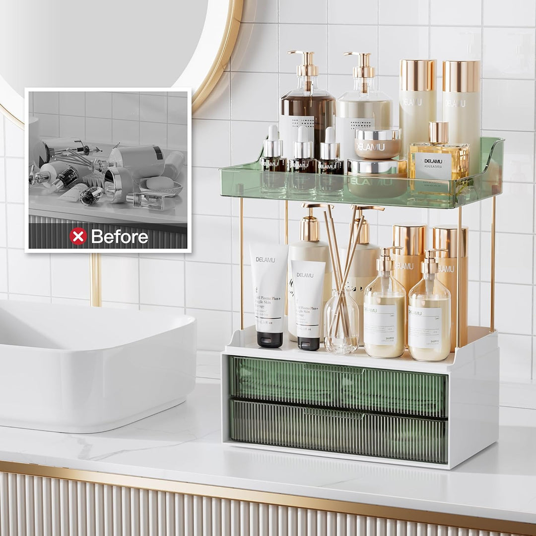 Delamu Make Up Organizer mit 2 Schubladen, 2 Etagen Kosmetik Organizer, Multifunktions Grösser Kosme