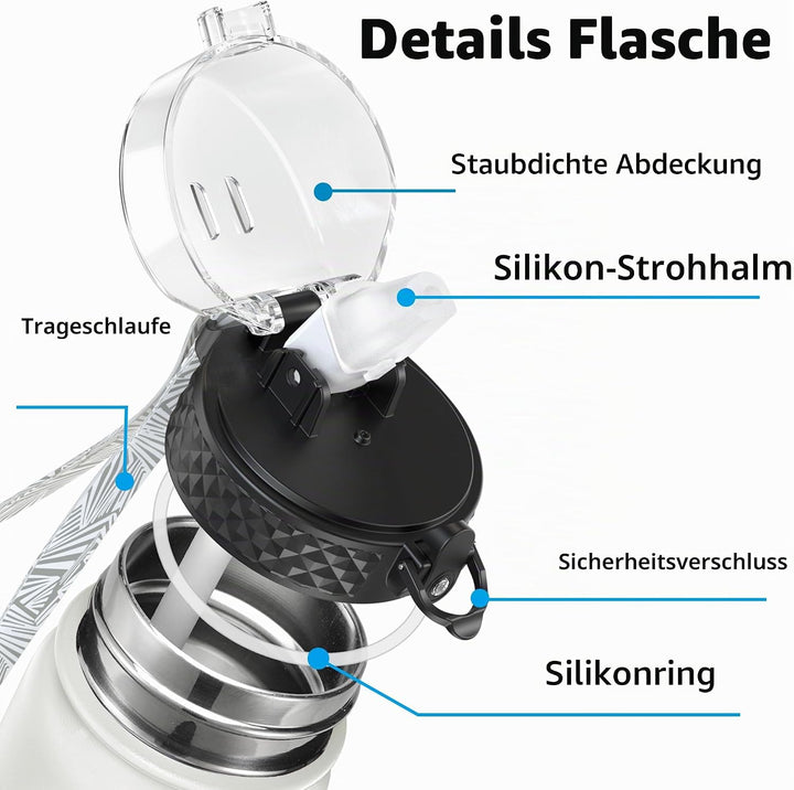 OLDLEY Edelstahl Trinkflasche mit Strohhalm, 1L Isolierte Trinkflasche, Thermosflasche BPA-freie - A