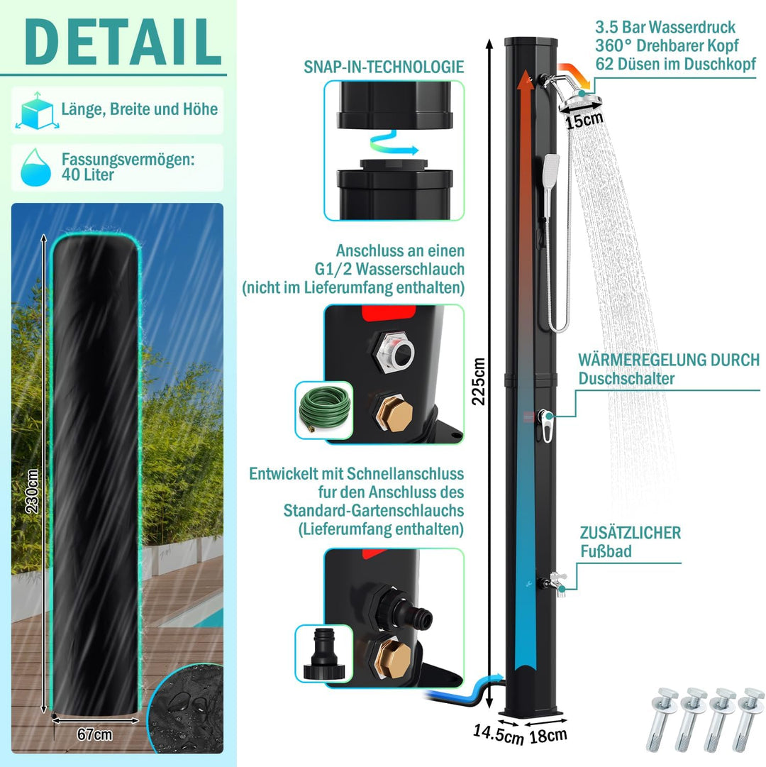 Solardusche 40L Solar Gartendusche warmes Wasser Bis Zu 60°C ohne Stromanschluss Pooldusche Camping